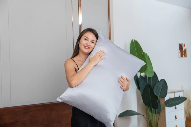 Woman with pillow showing clear skin and smooth hair